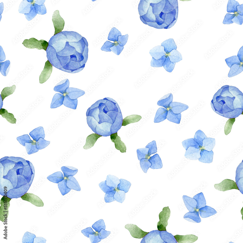 watercolor drawing. seamless pattern with blue peony buds and hydrangea flowers on a white backgroun