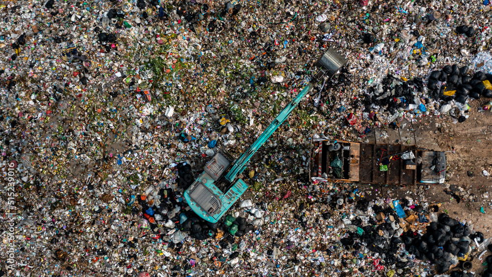 Aerial view waste dump, Waste from household in waste landfill disposal pile plastic garbage and var