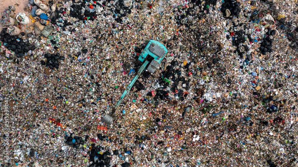 Aerial view waste dump, Waste from household in waste landfill disposal pile plastic garbage and var