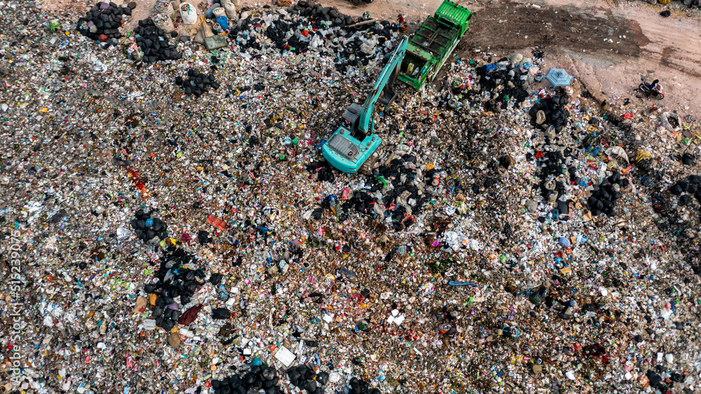 Aerial view waste dump, Waste from household in waste landfill disposal pile plastic garbage and var