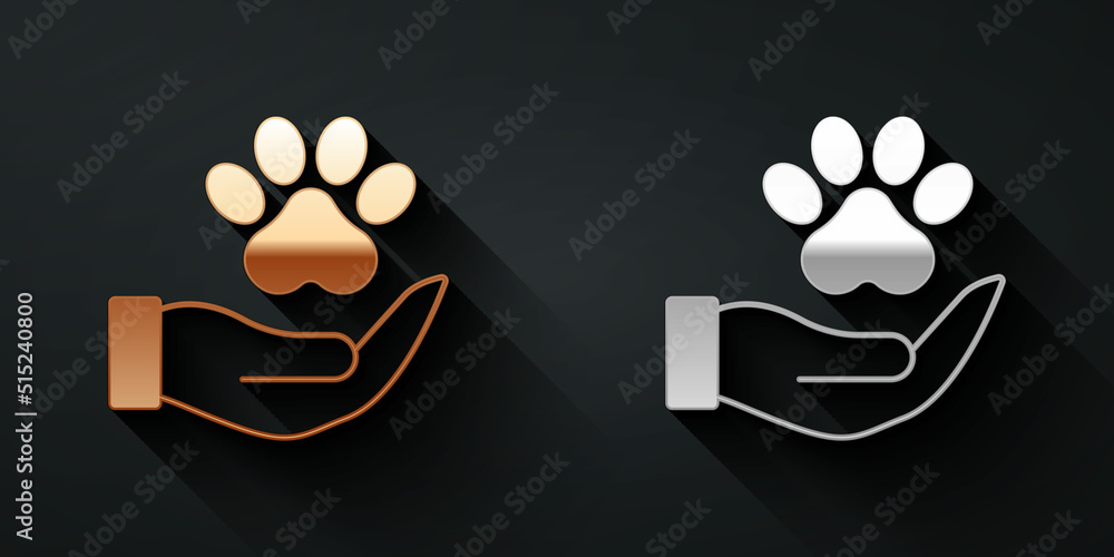 Gold and silver Hands with animals footprint icon isolated on black background. Pet paw in heart. Lo