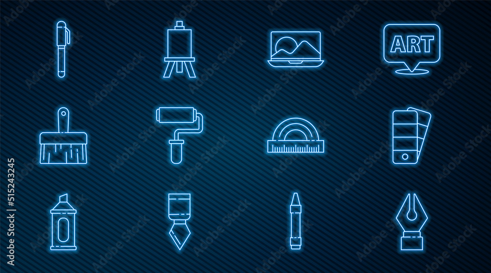 Set line Fountain pen nib，Palette，Laptop，Paint roller brush，pen，Protractor and Easel painting a（设线喷泉