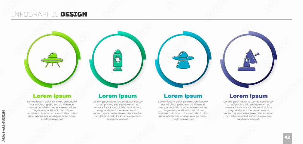 设置不明飞行物飞行飞船、火箭和碟形卫星。商业信息图模板。矢量