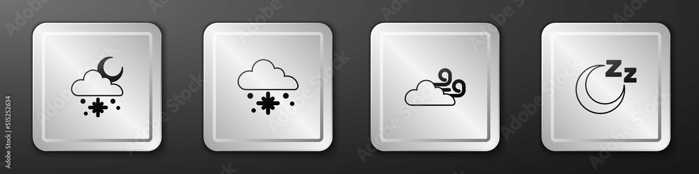 用雪和阳光、大风天气和睡眠时间设置云图标。银色方形按钮。矢量