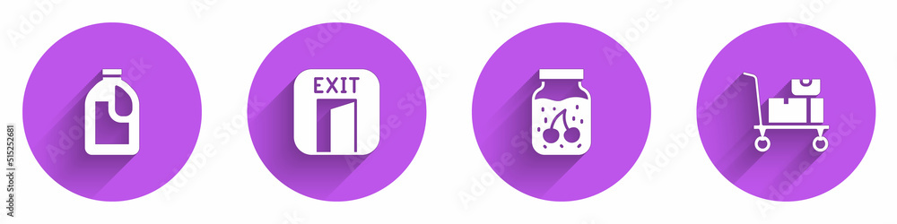 Set Bottle for cleaning agent, Fire exit, Jam jar and Hand truck and boxes icon with long shadow. Ve