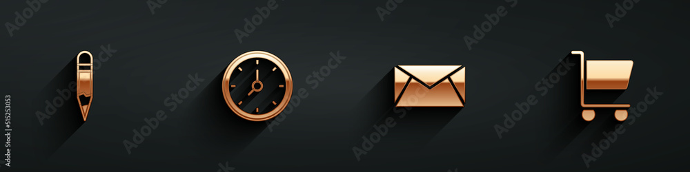 Set Pencil, Clock, Mail and e-mail and Shopping cart icon with long shadow. Vector