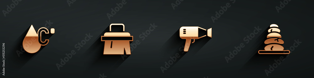 Set Water temperature, Sauna brush, Hair dryer and Stack hot stones icon with long shadow. Vector