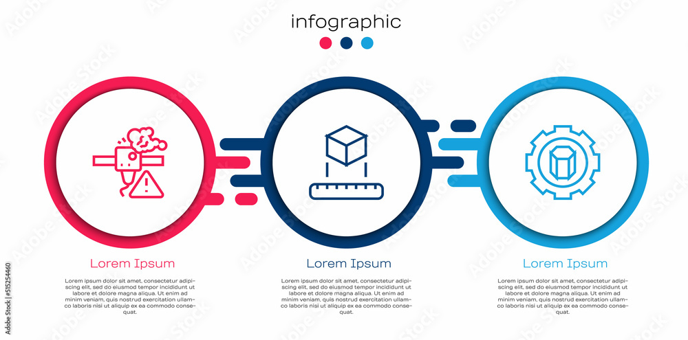 设置行3D打印机警告、等轴测立方体和设置。业务信息图模板。矢量