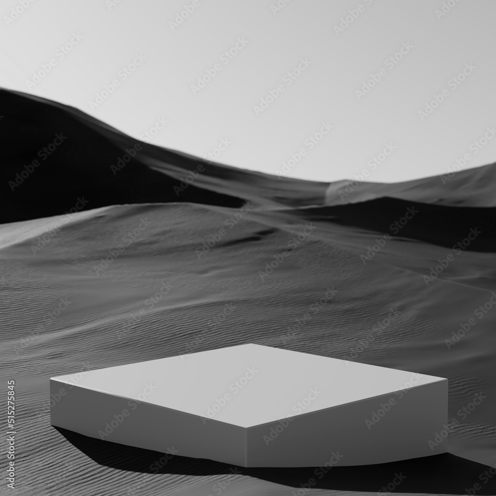 Product podium stage for mockup presentation, black white, sand, desert