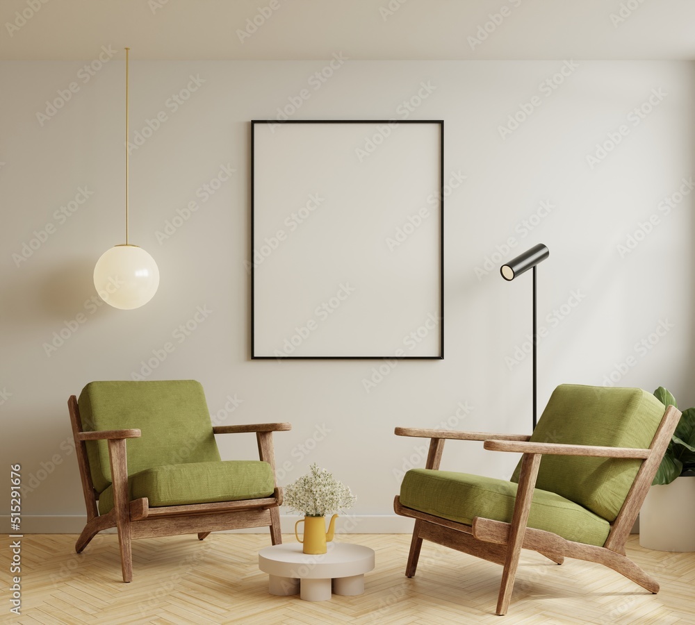 Mock up poster frame in modern interior background with green armchair and accessories in the room.