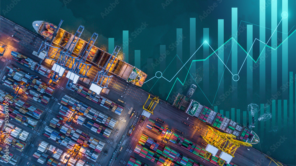 Aerial view container ship with business graph analysis, Global business import export logistic tran