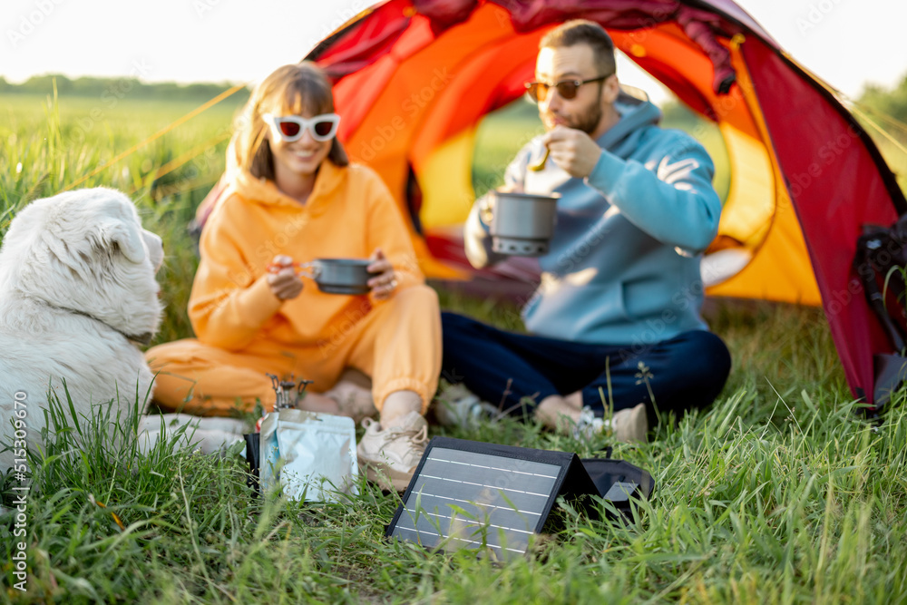 一对年轻夫妇在绿地上的露营地做饭，夏天和狗一起度过。男人和女人