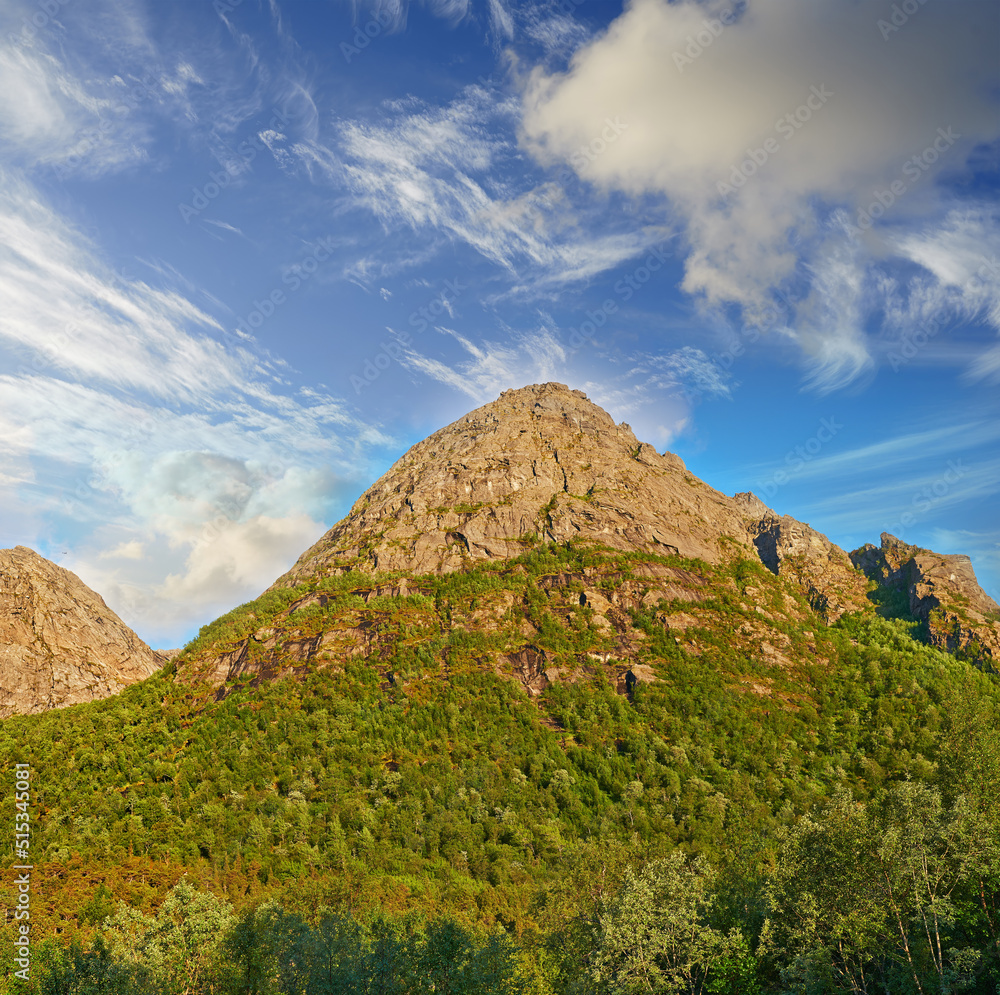 Landscape of mountains north of the polar and arctic circle in Norway. Scenic view of rolling hills 