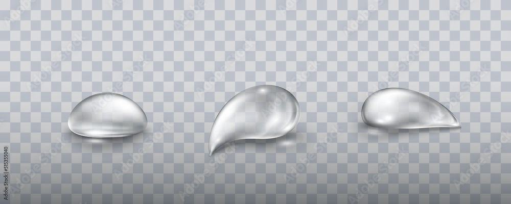 Water rain drop set isolated on transparent background. Vector hyaluron cosmetic product elements or