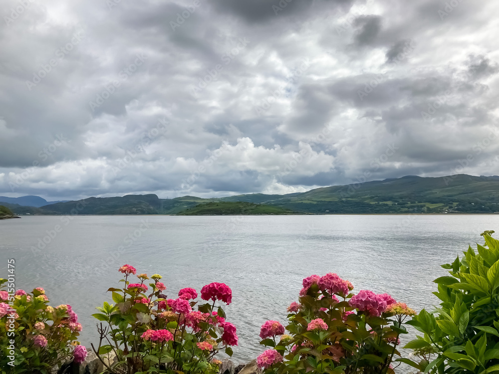 View of the sea and Portmeirion Village an Italian style in Wales, UK.