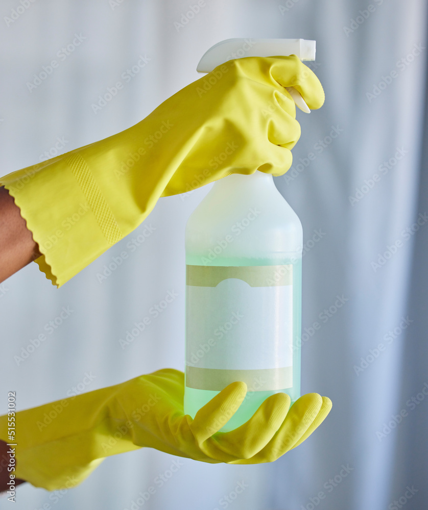 Closeup of a woman holding a cleaning product while tidying her apartment with copyspace. A busy dom