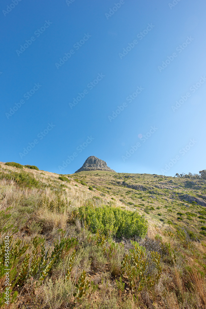 Copy space with a scenic landscape of clear sky covering the peak of Lions Head in Cape Town on a su