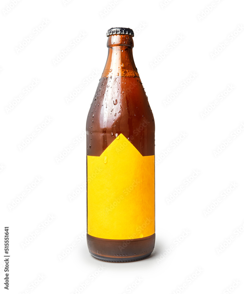 Glass bottle of beer with yellow label isolated on a white background