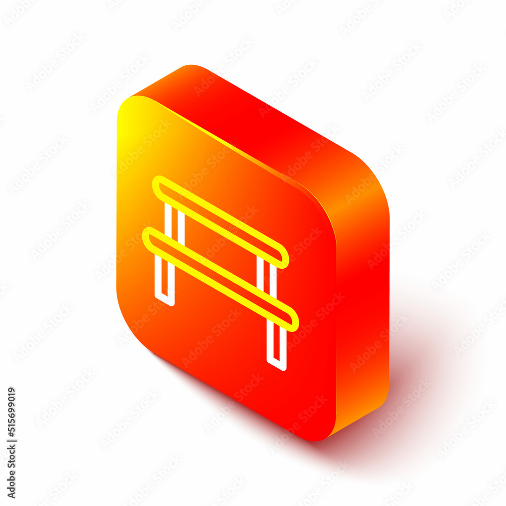 Isometric line Sauna wood bench icon isolated on white background. Orange square button. Vector