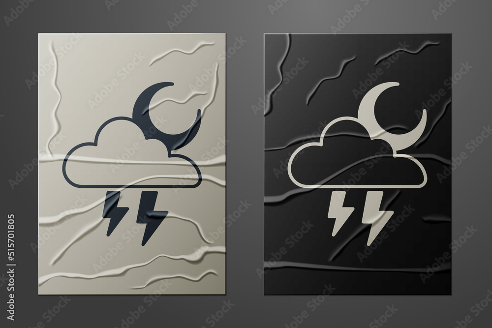 White Storm icon isolated on crumpled paper background. Cloud with lightning and moon sign. Weather 