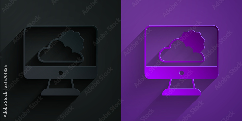 Paper cut Weather forecast icon isolated on black on purple background. Paper art style. Vector