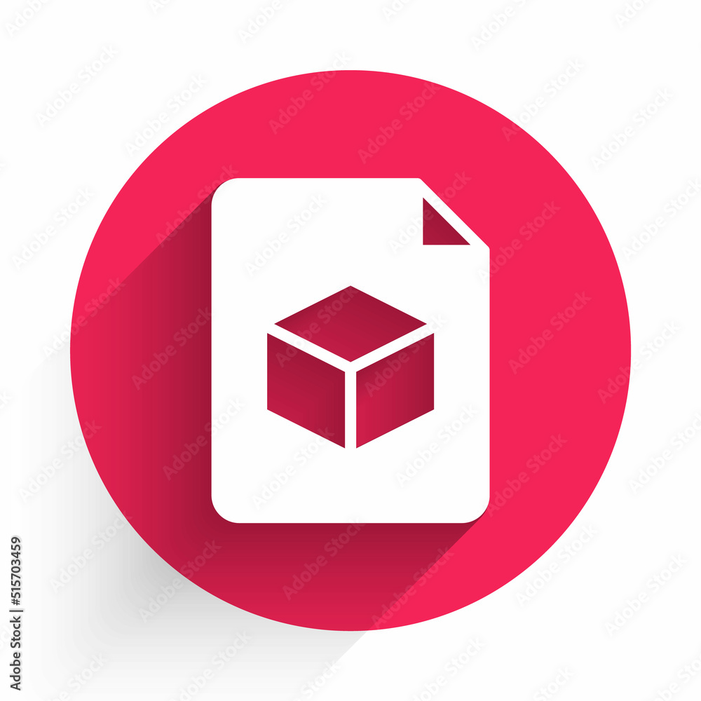 White Isometric cube file icon isolated with long shadow. Geometric cubes solid icon. 3D square sign