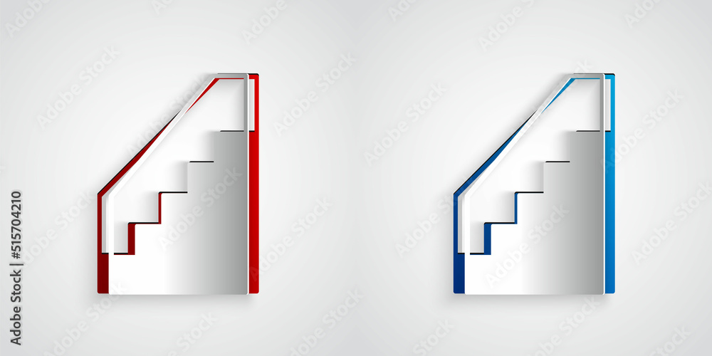 灰色背景上隔离的剪纸楼梯图标。纸艺风格。矢量
