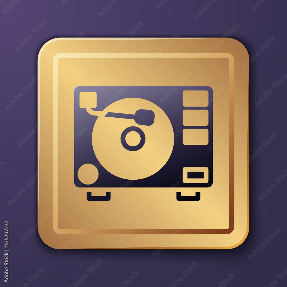 Purple Vinyl player with a vinyl disk icon isolated on purple background. Gold square button. Vector