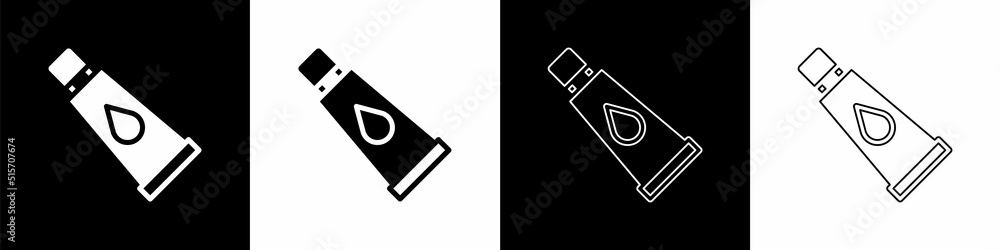 Set Cream or lotion cosmetic tube icon isolated on black and white background. Body care products fo