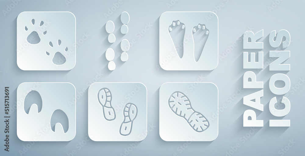 Set Human footprints shoes, Rabbit and hare paw, Horse, and Paw icon. Vector