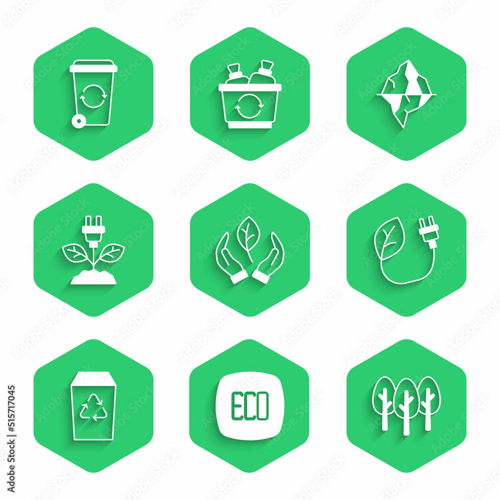 Set Leaf in hand, Eco symbol, Tree, Electric saving plug leaf, Recycle bin, Iceberg and icon. Vector