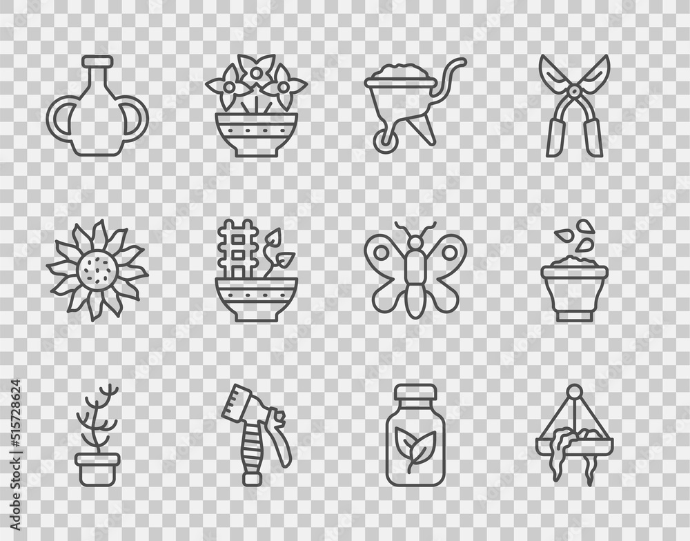 Set line Exotic tropical plant in pot, Plant hanging, Wheelbarrow with dirt, Water spray bottle, Vas