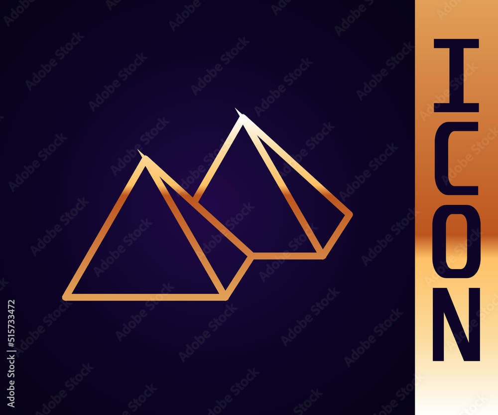 Gold line Egypt pyramids icon isolated on black background. Symbol of ancient Egypt. Vector