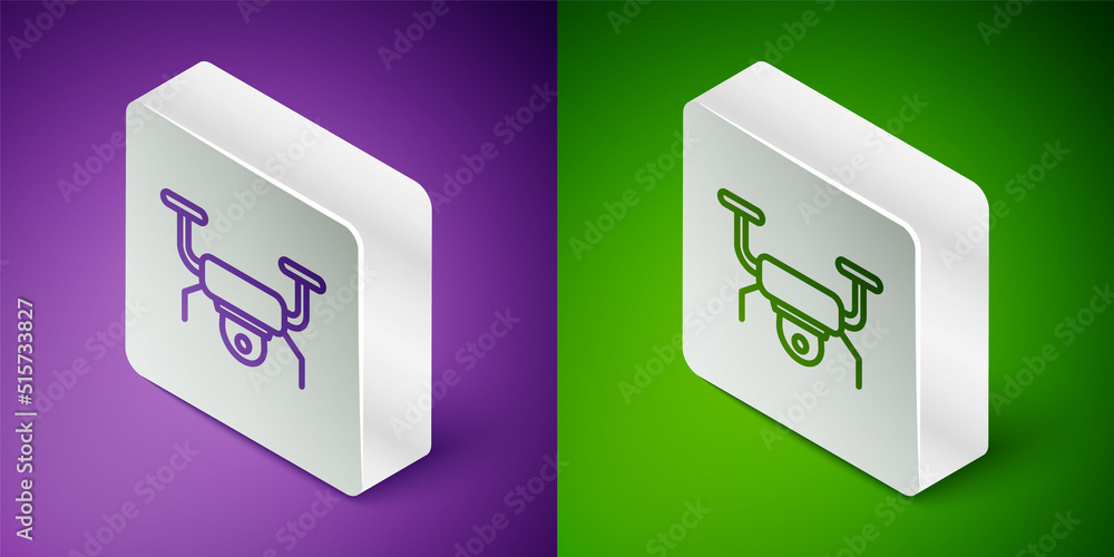 Isometric line Drone flying icon isolated on purple and green background. Quadrocopter with video an