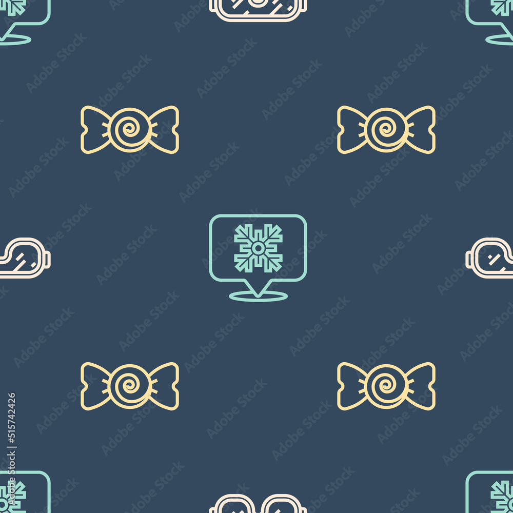 Set line Ski goggles, Candy and Snowflake speech bubble on seamless pattern. Vector