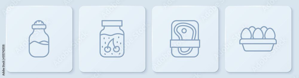 罐装香料、肉类包装牛排、果酱罐和鸡蛋盒。白色方形按钮。Vecto