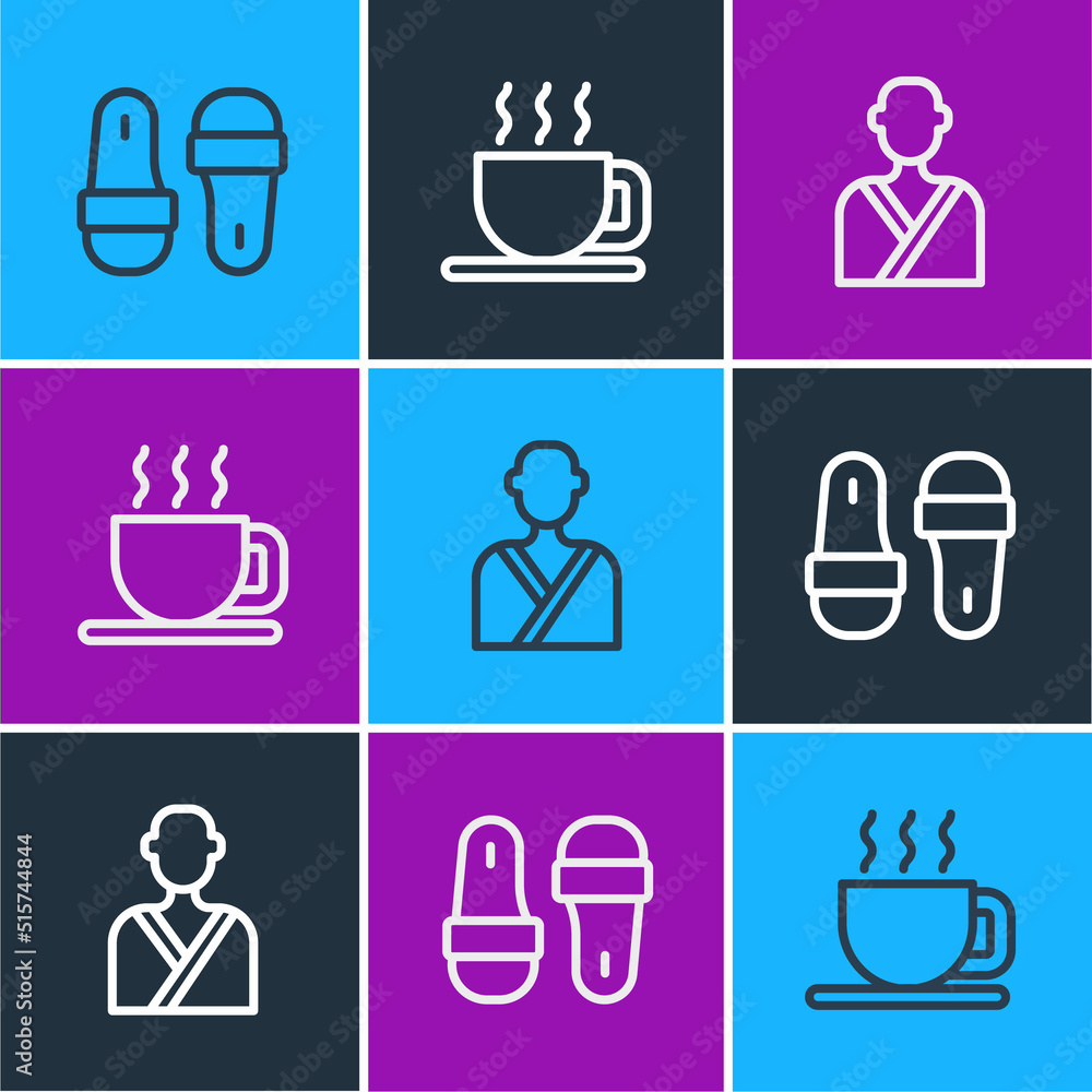 Set line Sauna slippers, Man in the sauna and Cup of tea icon. Vector