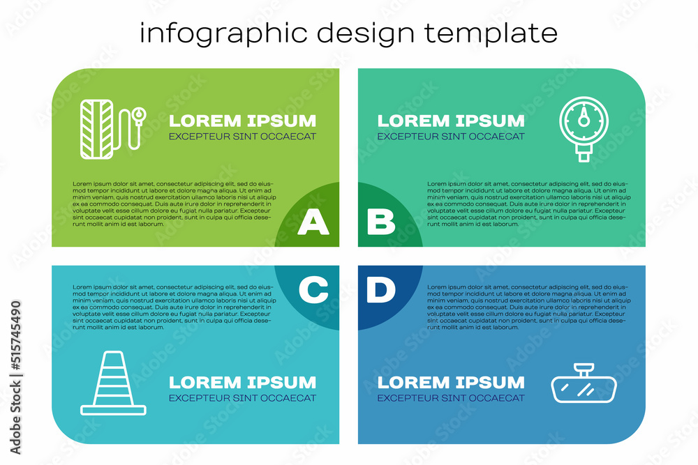 设置线路交通锥、胎压表、汽车后视镜和。商业信息图模板。矢量