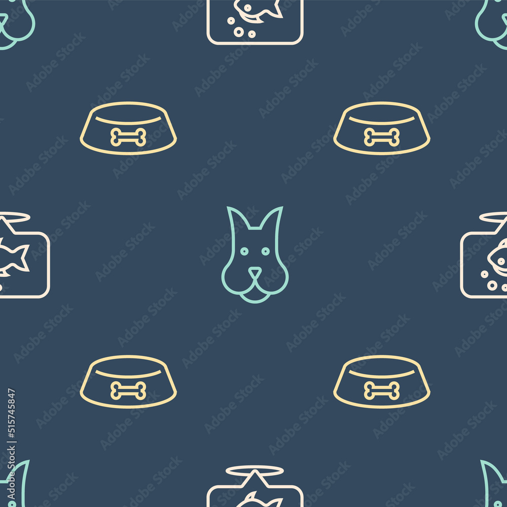 Set line Fish, Pet food bowl for cat or dog and Dog on seamless pattern. Vector