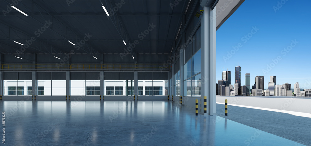 Industrial building warehouse interior with polished concrete floor