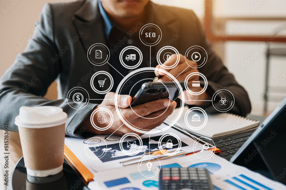 businessman working with mobile phone and tablet and laptop computer Internet of Things IOT technolo