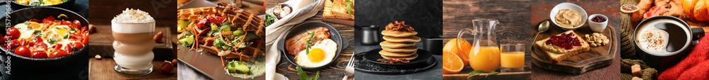 Set of tasty breakfasts on dark background