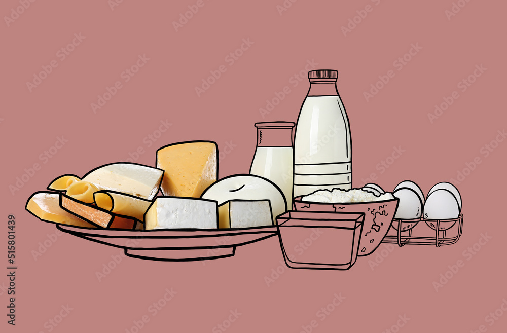 Different dairy products on pink background