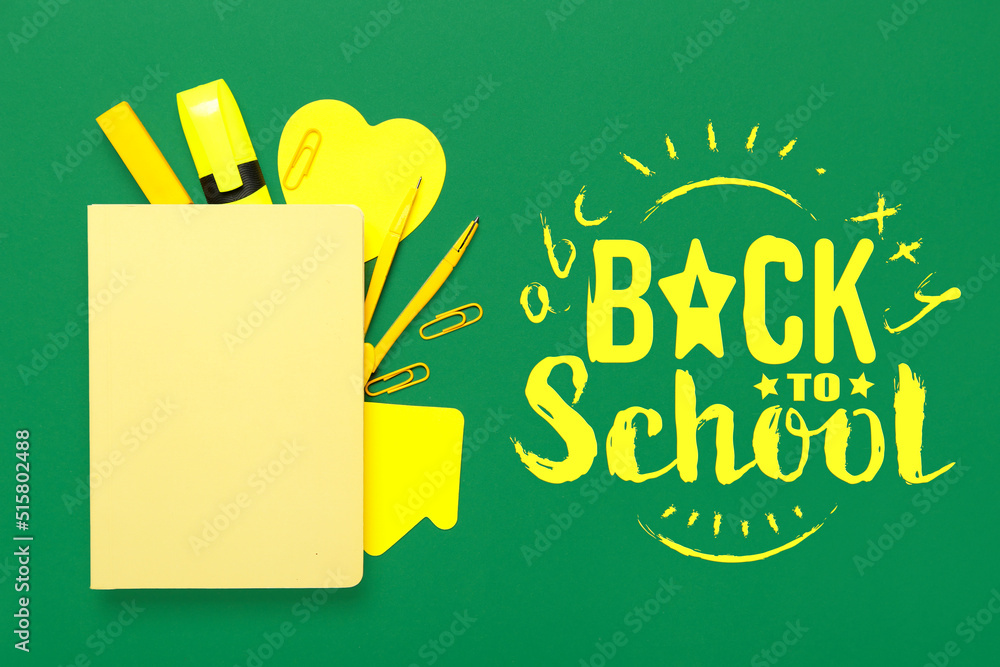 Yellow stationery and text BACK TO SCHOOL on green background