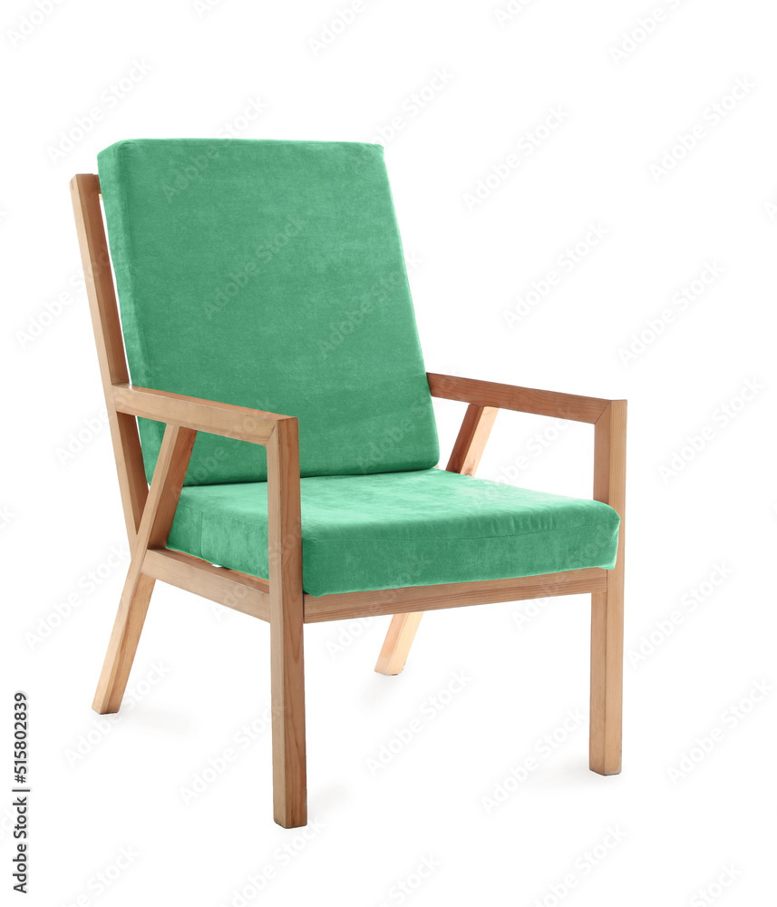 Modern green armchair on white background