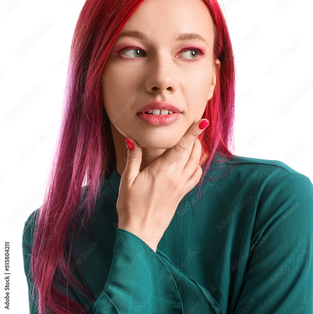 Beautiful young woman with bright hair on white background, closeup