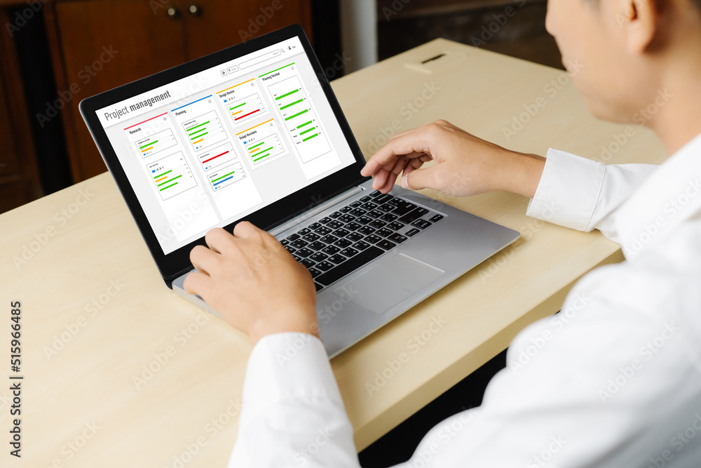 Project planning software for modish business project management on the computer screen showing time