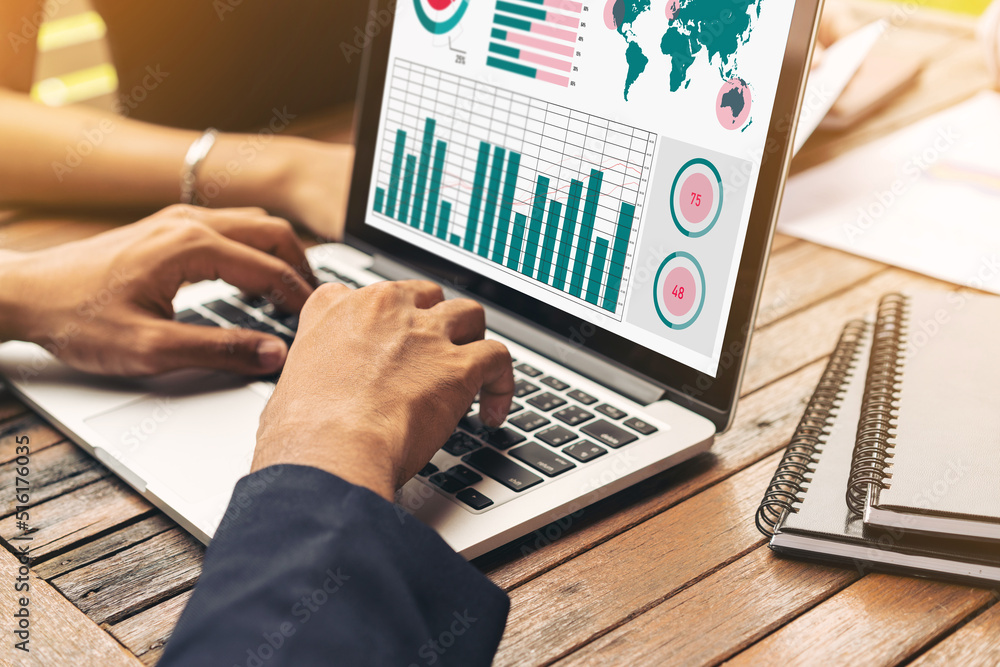 Business data dashboard analysis by ingenious computer software . Investment application display bus