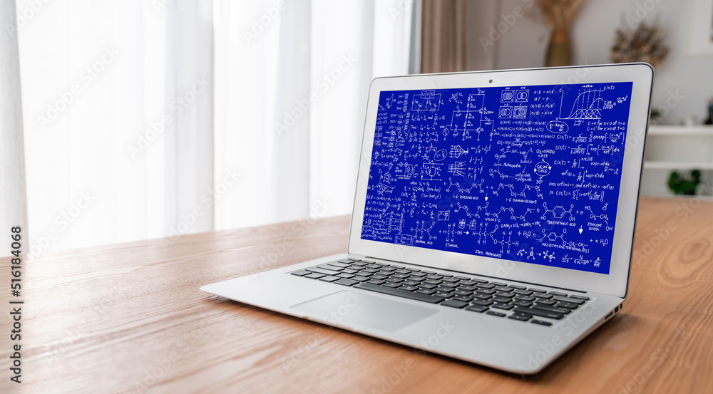 Mathematic equations and modish formula on computer screen showing concept of science and education