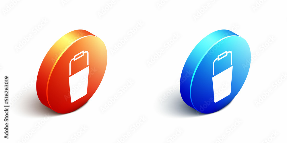 Isometric Sauna bucket icon isolated on white background. Orange and blue circle button. Vector